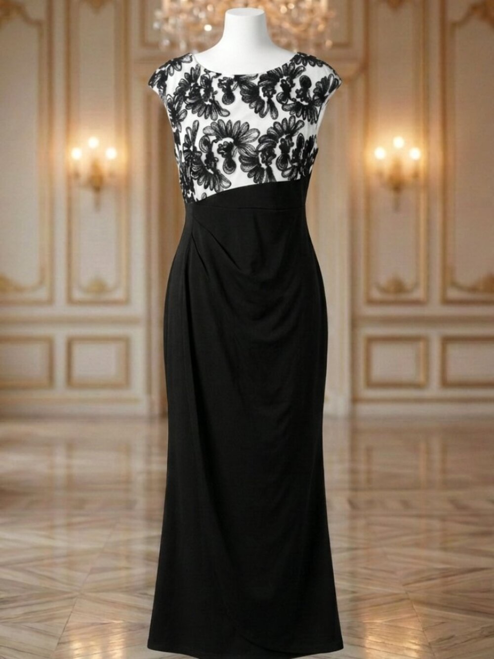 Connected Apparel Size 14W Black & White Floral Lace Wrap Dress Maxi Gala